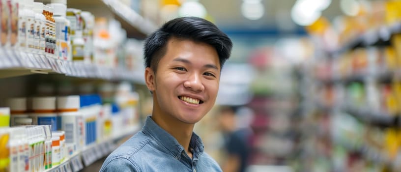 Young Asian man with a beaming smile standing in a pharmacy aisle, conveying a sense of satisfaction and health