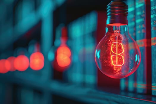 bookshelves with hanging light bulbs in modern library professional photography