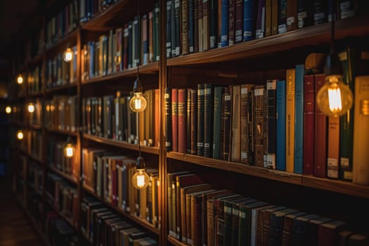 bookshelves with hanging light bulbs in modern library professional photography