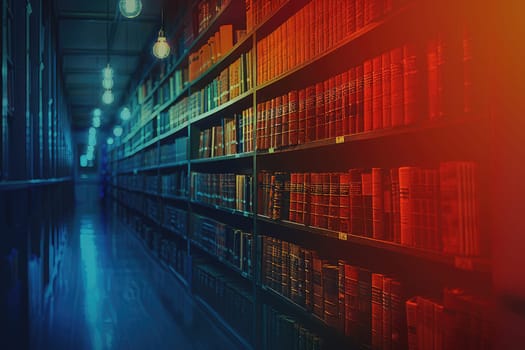 bookshelves with hanging light bulbs in modern library professional photography