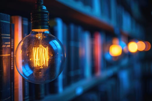 bookshelves with hanging light bulbs in modern library professional photography