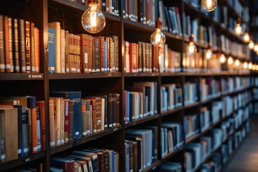 bookshelves with hanging light bulbs in modern library professional photography