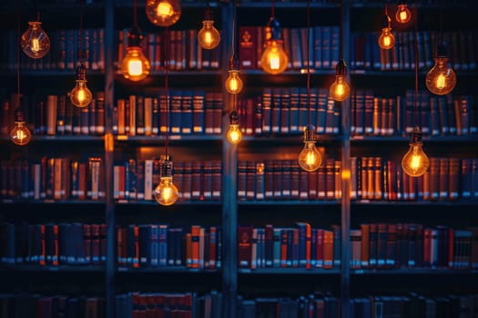 bookshelves with hanging light bulbs in modern library professional photography
