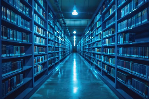 bookshelves with hanging light bulbs in modern library professional photography