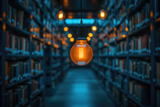 bookshelves with hanging light bulbs in modern library professional photography