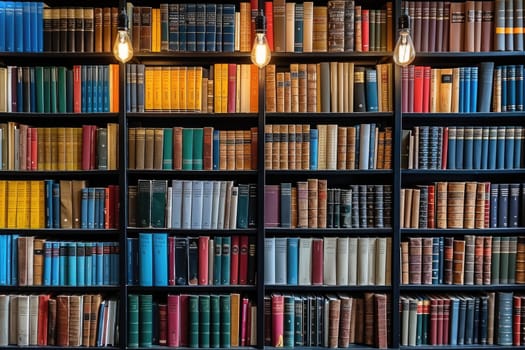 bookshelves with hanging light bulbs in modern library professional photography