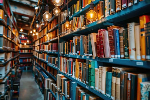 bookshelves with hanging light bulbs in modern library professional photography