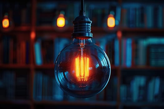 bookshelves with hanging light bulbs in modern library professional photography
