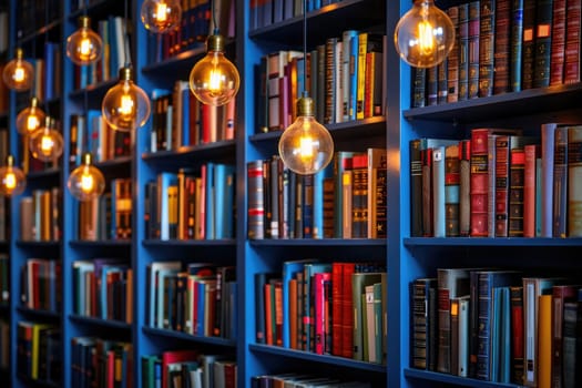 bookshelves with hanging light bulbs in modern library professional photography