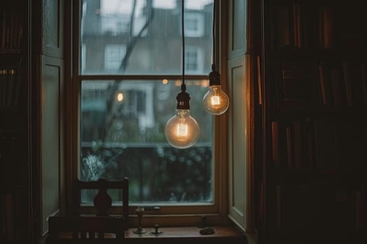 bookshelves with hanging light bulbs in modern library professional photography