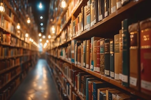 bookshelves with hanging light bulbs in modern library professional photography