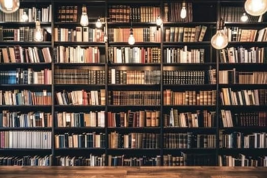bookshelves with hanging light bulbs in modern library professional photography