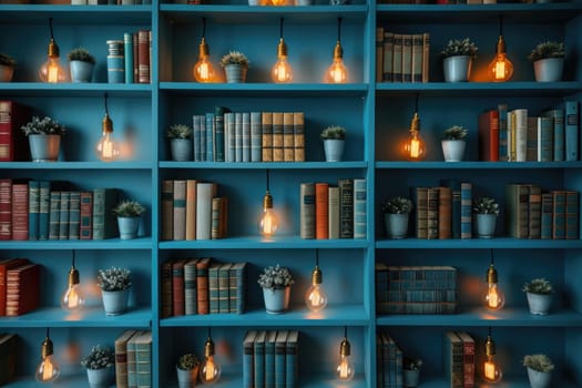 bookshelves with hanging light bulbs in modern library professional photography