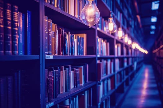 bookshelves with hanging light bulbs in modern library professional photography