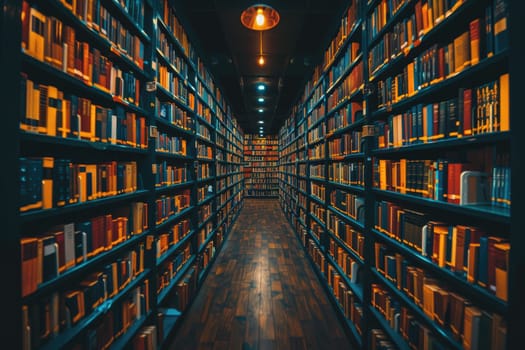 bookshelves with hanging light bulbs in modern library professional photography
