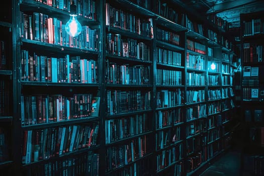 bookshelves with hanging light bulbs in modern library professional photography