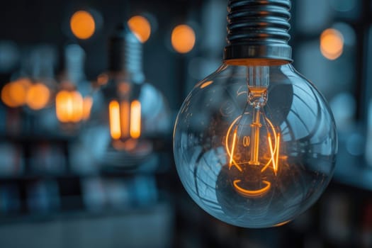 bookshelves with hanging light bulbs in modern library professional photography
