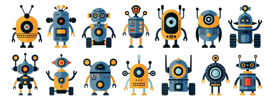 Set of retro colored robot icons Isolated on white background. Character Artificial Intelligence Concept Flat