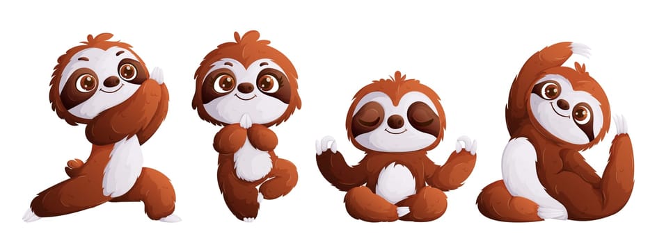 A set of four sloths doing yoga in different poses. Cute Sloth is meditating. Cartoon style, vector