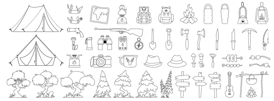 Big set of Camping, tourism, travel. Tree, grass, spruce and yellow tent. Travel backpack and sleeping bag. Fried sausages, shish kebab and marshmallows. Black lines style.