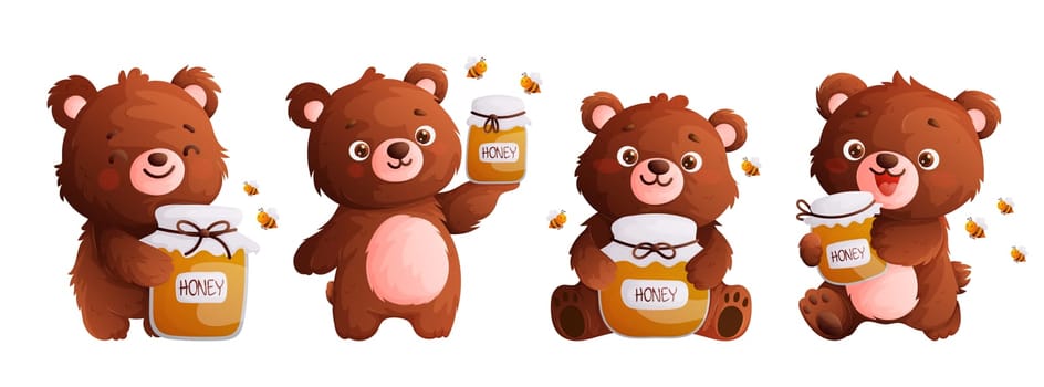 A set of four bears holding a jar of honey in their paws. Cute bear, friendly bees and honey in a glass container. Cartoon style
