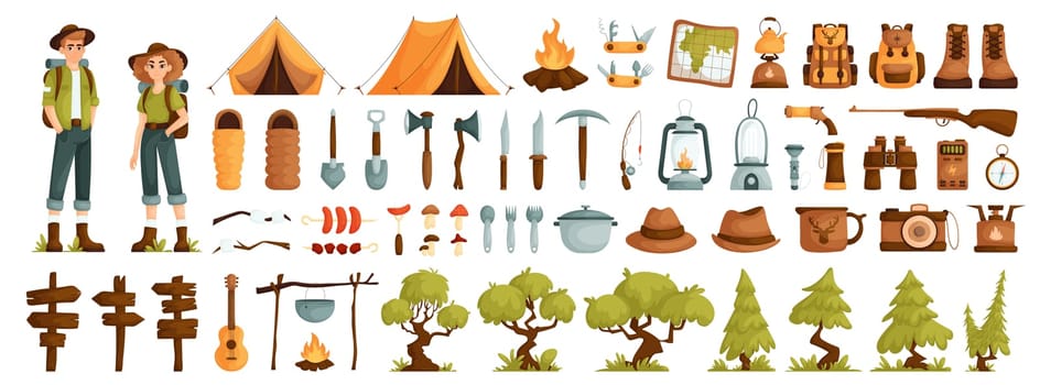 A guy and a girl are tourists. Tree, grass, fir tree and yellow tent. Travel backpack and sleeping bag. Grilled sausages, shish kebab and marshmallows.