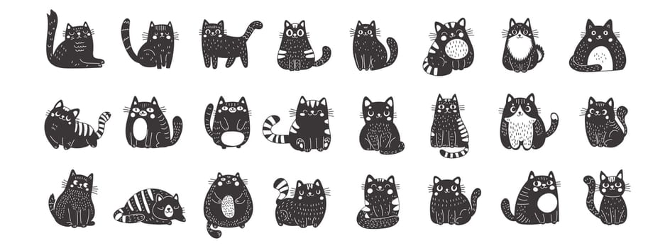Big set of black cats in linocut style. Cute funny fluffy cats. Perfect for those who appreciate the sweet and whimsical side of feline charm.