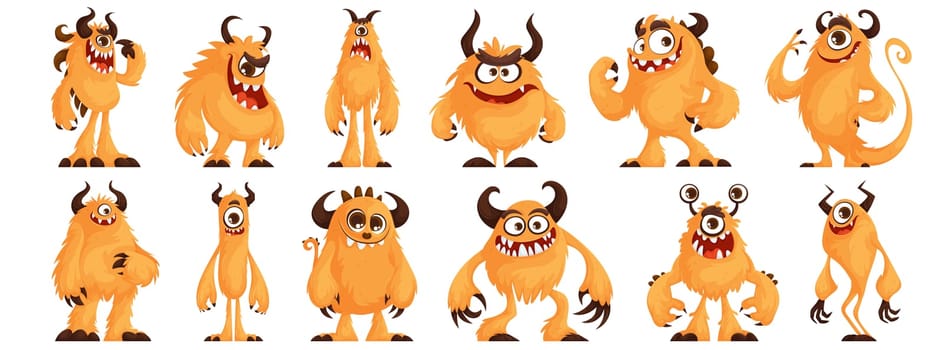Set of orange furry monsters with cute, quirky, funny and evil emotion, funny and unique shape. Fluffy monster with horns posing. Cartoon vector.