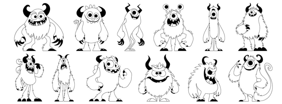 A set of furry monsters with cute, quirky, funny and evil emotions, funny and unique shapes. A furry monster with horns is posing. Strange creature. Black lines style.