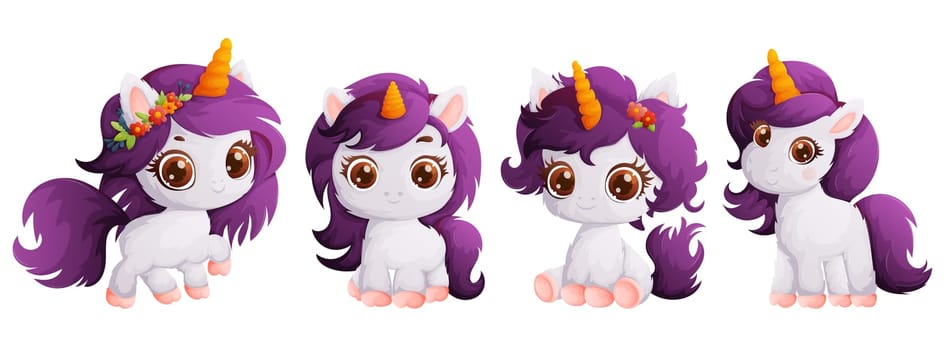 A set of four happy and cute milky unicorns with a purple mane. Pony with a yellow horn. Cartoon style