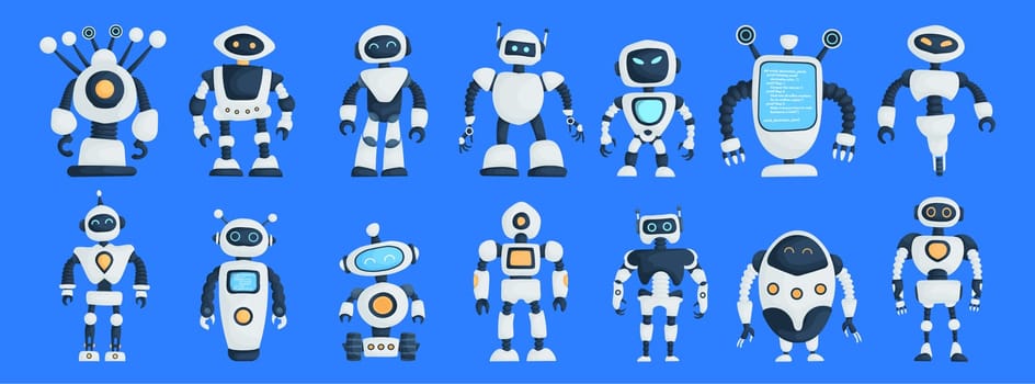 Big Set of Modern Robots Isolated on Blue Background Cute Character Cartoon Artificial Intelligence Concept
