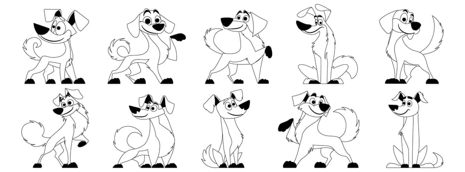 Cute dogs vector set Black linear style. Dog or puppy characters create a collection of flat color in different poses.