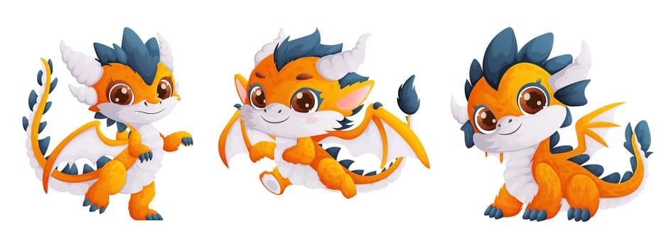 Set of three happy and cute yellow dragons. A small dragon with wings and blue spikes on its body. Symbol of the year. Cartoon style