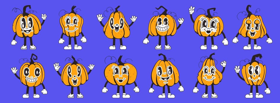 Set of pumpkin characters, orange, in retro cartoon style. Squash characters in 90s style. Autumn thanksgiving and halloween pumpkins collection