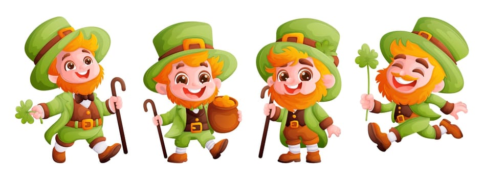 Set of four happy and cute leprechauns in a green suit. A red-haired boy with a beard, wearing a green conical hat. Symbol of the holiday Saint Patrick. Cartoon style