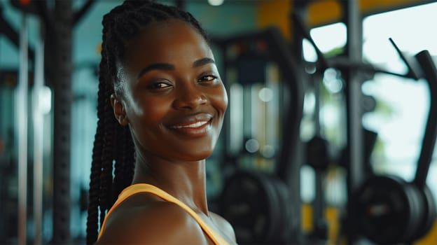 A radiant woman smiling confidently at the gym, showcasing dedication to fitness and well-being. Copy space.