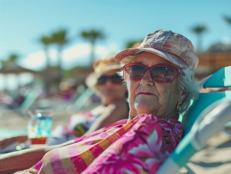 Senior women enjoying a sun-soaked vacation, lounging with drinks in hand and sunglasses on. Copy space.