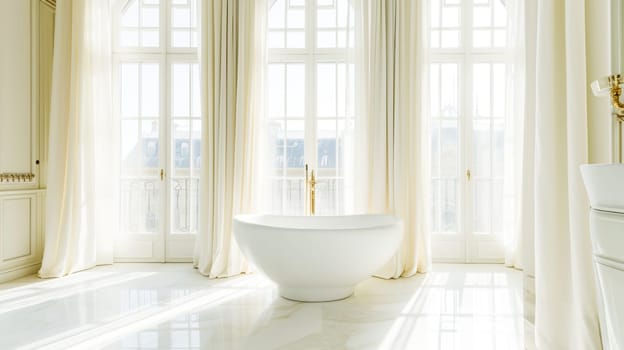 A white freestanding bathtub with golden fixtures in a bright bathroom with a large window and forest view.