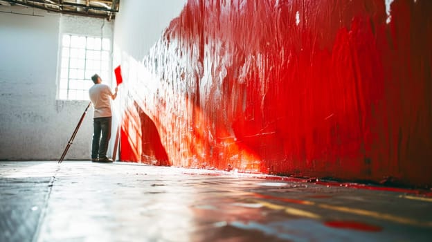 Artistic Creation in Red. An artist applying bold red paint to a large canvas in a bright, spacious studio.