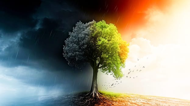 A tree depicting different seasons, divided down the middle by weather elements.Times of Change. illustrating change, natural cycles or environmental concepts