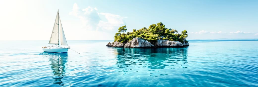 Idyllic Sailing by a Tropical Island. A sailboat near a lush green island in the midst of a calm blue sea under a clear sky.