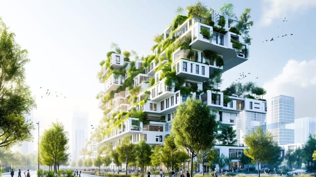 A modern, eco-friendly residential building with lush greenery, harmoniously combining nature with urban architecture.