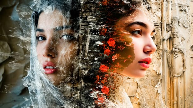 An artistic profile of a woman blending with seasonal elements, symbolizing change and the passage of time.