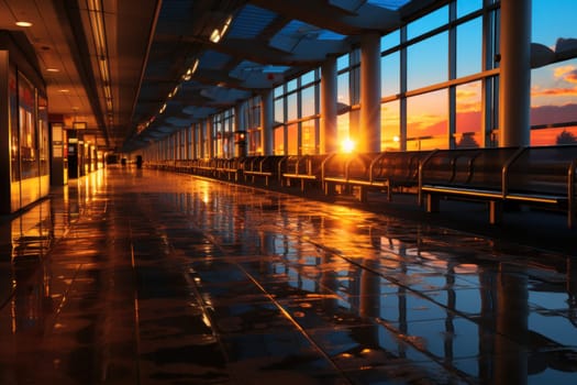 An empty airport terminal at sunset, with reflections on the shiny floor and a calm atmosphere.