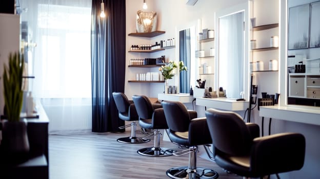 A contemporary hair salon interior with stylish chairs and mirrors, designed for a chic experience.