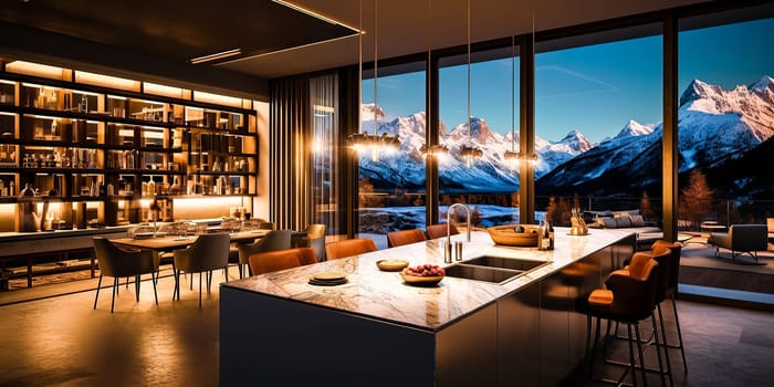 Luxurious open-plan kitchen with a warm ambiance overlooking snowy mountain peaks, ideal for copy space.