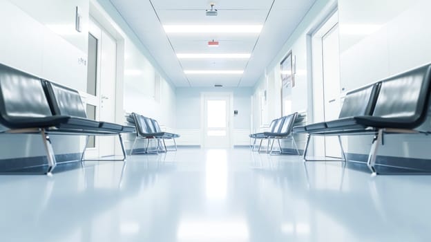 Brightly lit empty hospital corridor with a row of black chairs, reflecting floor, and closed doors. Spacious and with significant copy space.