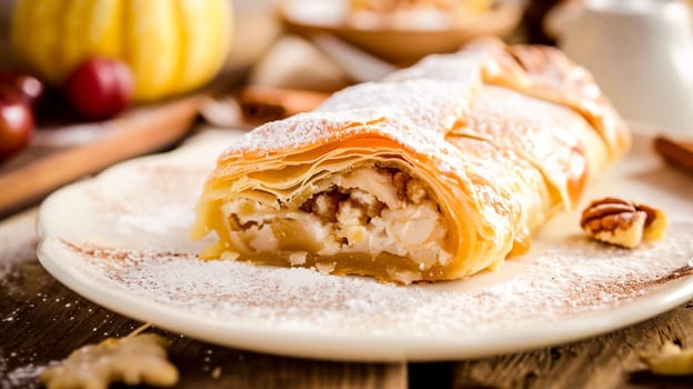 Close-up of a dusted apple strudel, suggesting the flavors of autumn with a rustic, homey backdrop.
