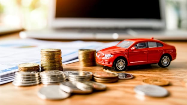 A red toy car next to rising stacks of coins, with financial papers and a blurry computer in the background.car insurance or purchase concept
