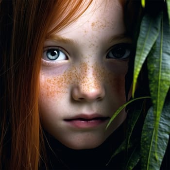 Close-up of a young girl with striking red hair and freckles, peeking through lush foliage.